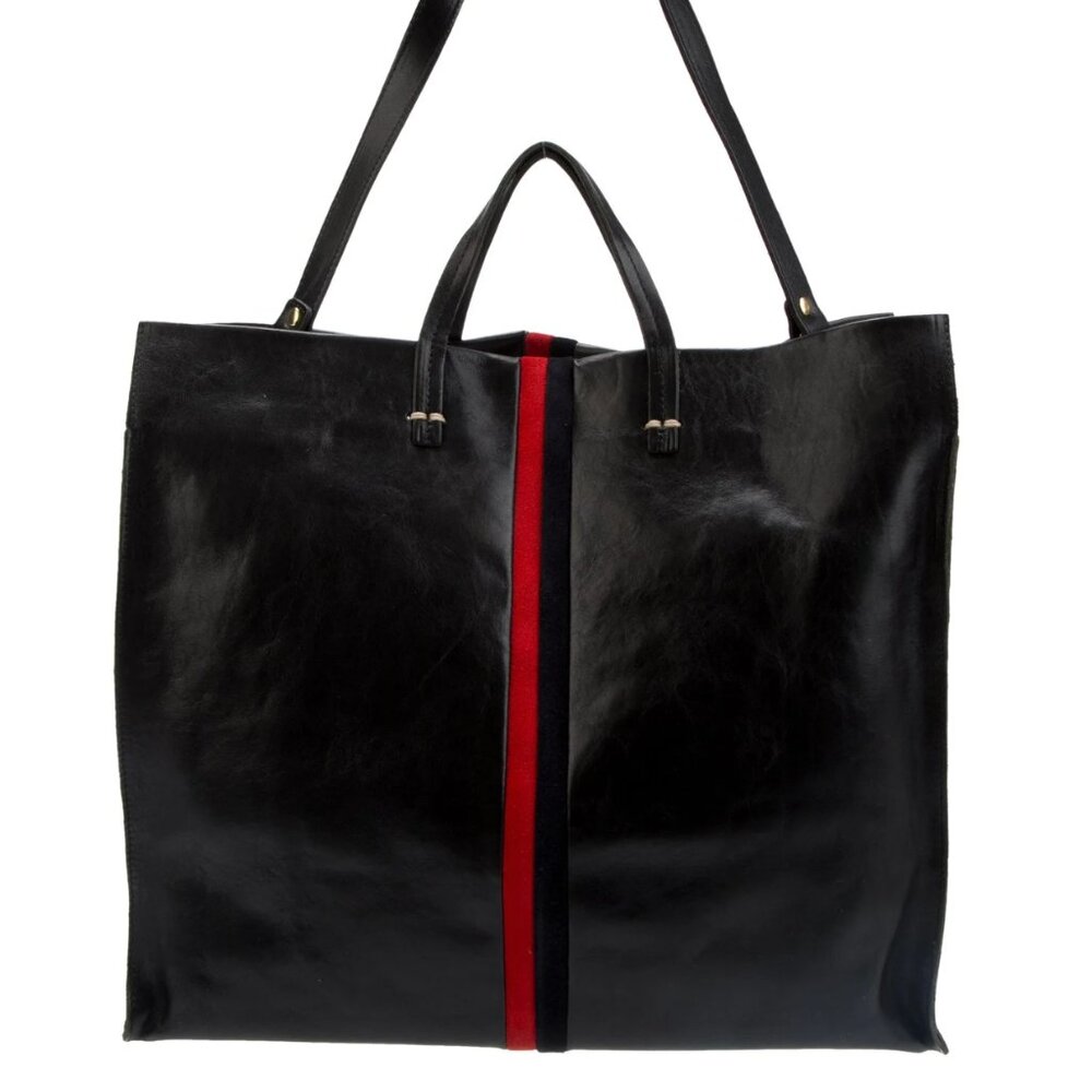 Claire V. Black Leather Tote Bag Red & Black Suede Striped Trim